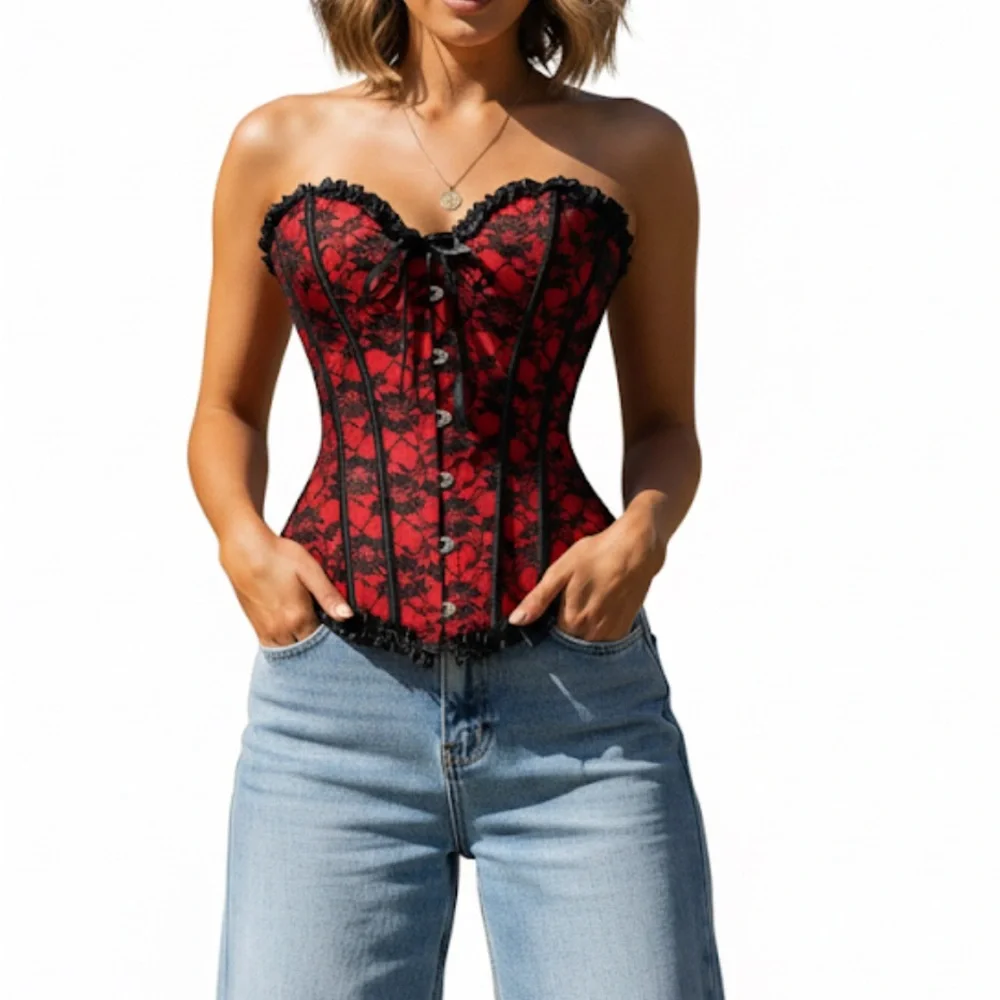 Chic Black and Red Lace Bustier Set